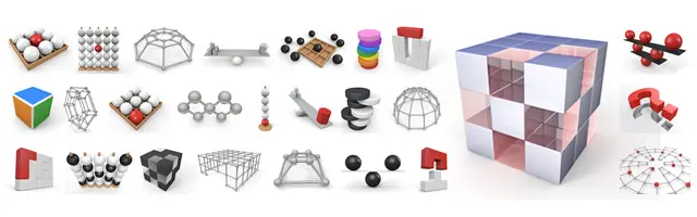 グリッド上に配置された球体やバランスをとる天秤、疑問符とパズルの結合、複雑なネットワーク図など、戦略的思考や論理、課題分析を表す3Dアイコン素材。ビジネスにおける意思決定や均衡、問題解決のプロセスを可視化するのに最適です。