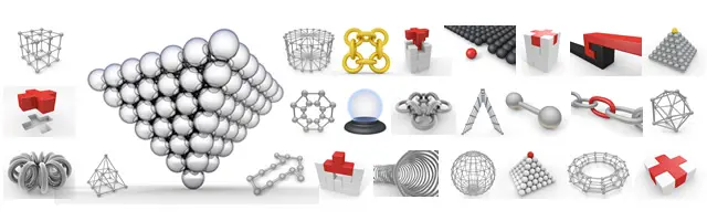 頂点に立つ球体や強固に連結された鎖、重量感のあるダンベル、複雑なネットワーク網、水晶玉など、結合の強さやセキュリティ、未来予測を象徴する3Dアイコン集。組織の結束力や堅牢なシステム、リスク管理を表現するプレゼン資料に役立ちます。